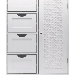 Standschrank Weiß mit Schubladen, Tür und Wiener Geflecht in Gesamtansicht.