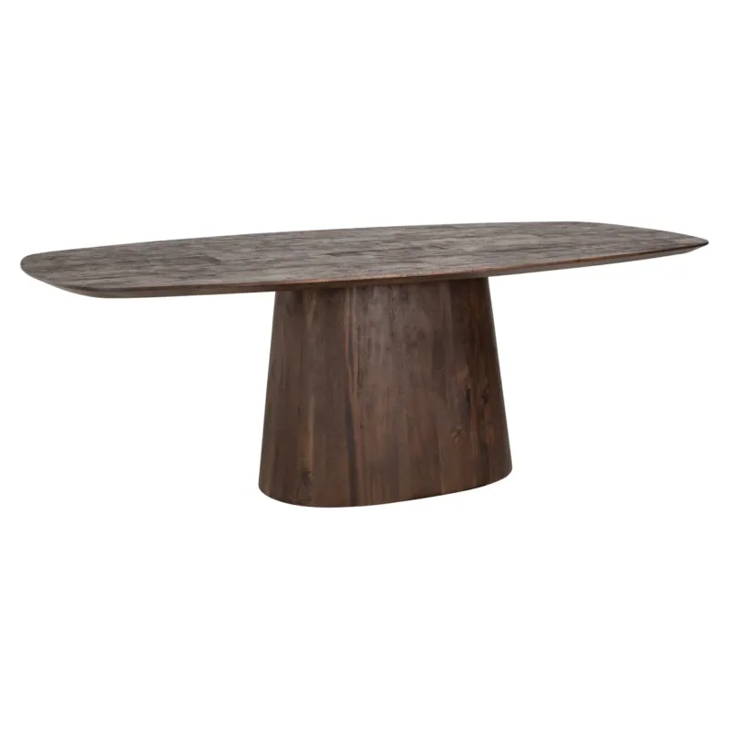 Esstisch Alix oval 230 cm in Mangoholz dark brown mit ovaler Tischplatte und konischem Säulengestell, Gesamtansicht.