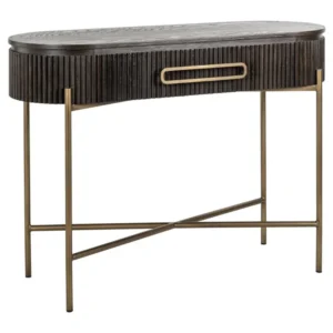 Gesamtansicht der Richmond Konsole Luxor braun mit gerillter Front, Schublade und Metallgestell in Bronzeoptik.