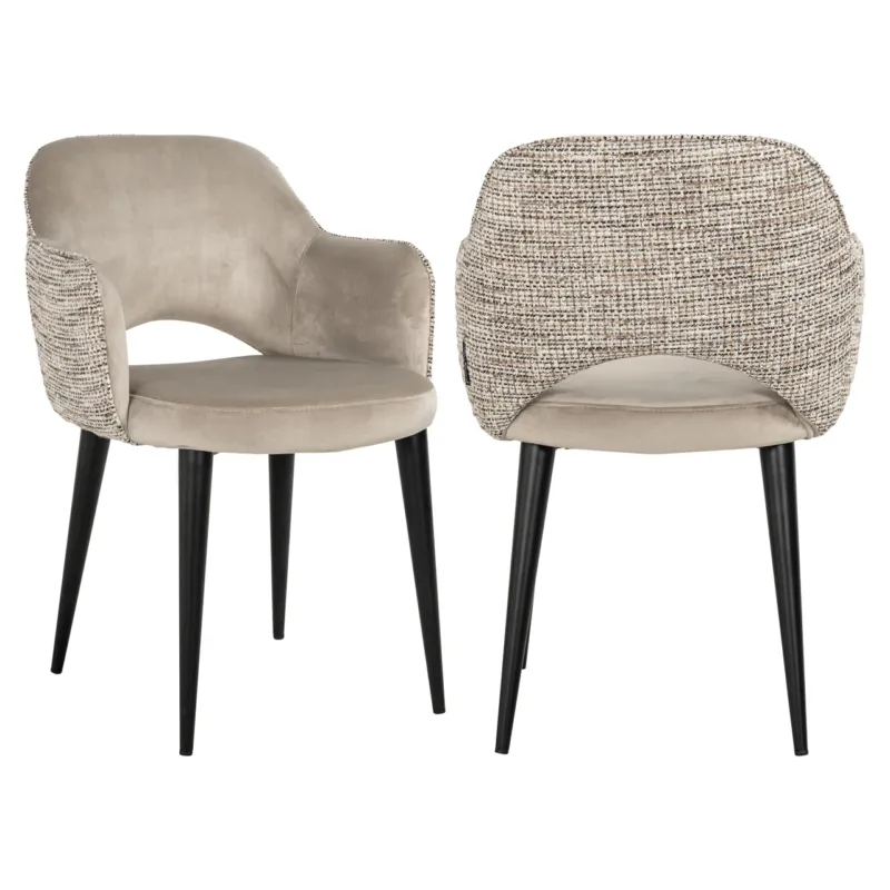 Esszimmerstuhl Giovanna Samtvelours trendy nature in Vorder- und Rückansicht mit schwarzem Metallgestell.