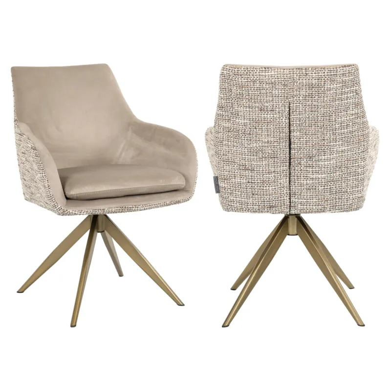 Esszimmerstuhl Lisonne Drehstuhl trendy nature mit beige Polsterkissen und goldenem Drehfuß, Gesamtansicht.