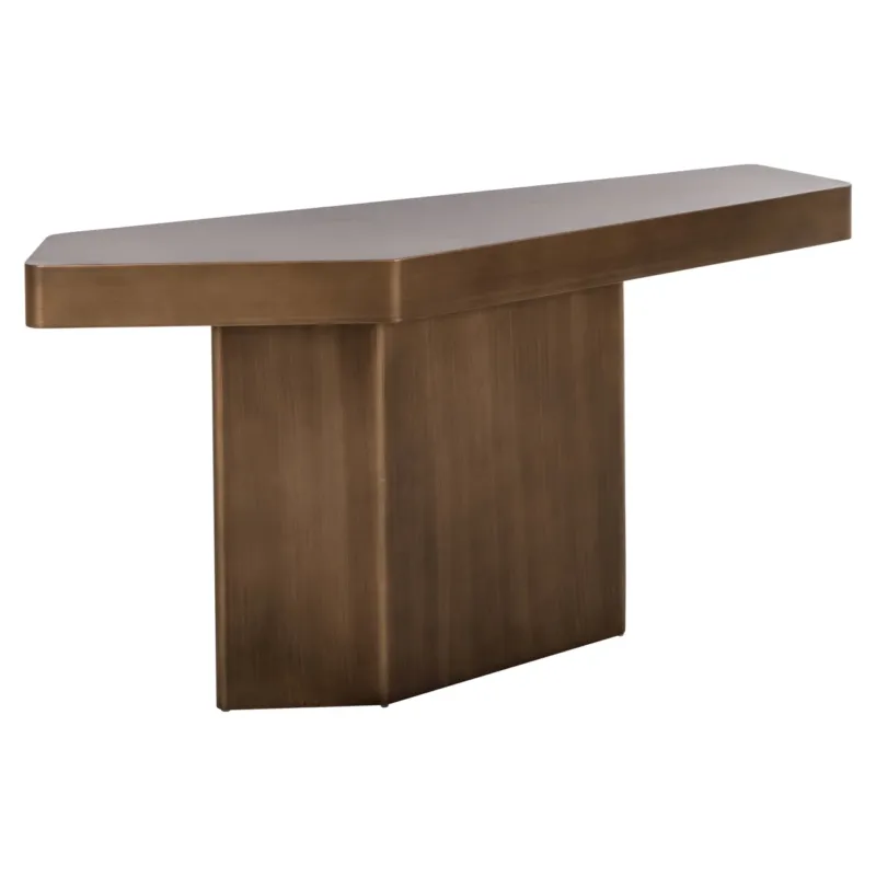 Gesamtansicht der Richmond Konsole Hexa brushed gold mit langgestreckter Tischplatte und kantigem Eisengestell in Braun.