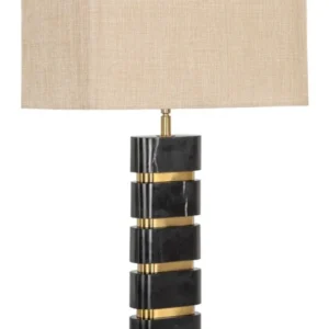 Tischlampe Levina black/gold mit Marmorfuß, Messing-Akzenten und Leinenschirm in Gesamtansicht.