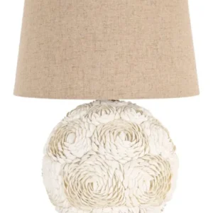 Richmond Tischlampe Jamie white mit kugelförmigem Gestell aus Stoff und beigefarbenem Lampenschirm, Gesamtansicht.