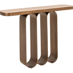 Gesamtansicht der Konsole Locarno brushed gold mit abgerundeter Holzplatte auf vier geschwungenen Eisenbeinen.