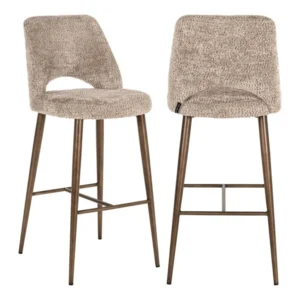 Barhocker Delphine Lovely Nature in Gesamtansicht mit beigem Polsterbezug und metallisiertem Gestell von vorne und hinten.