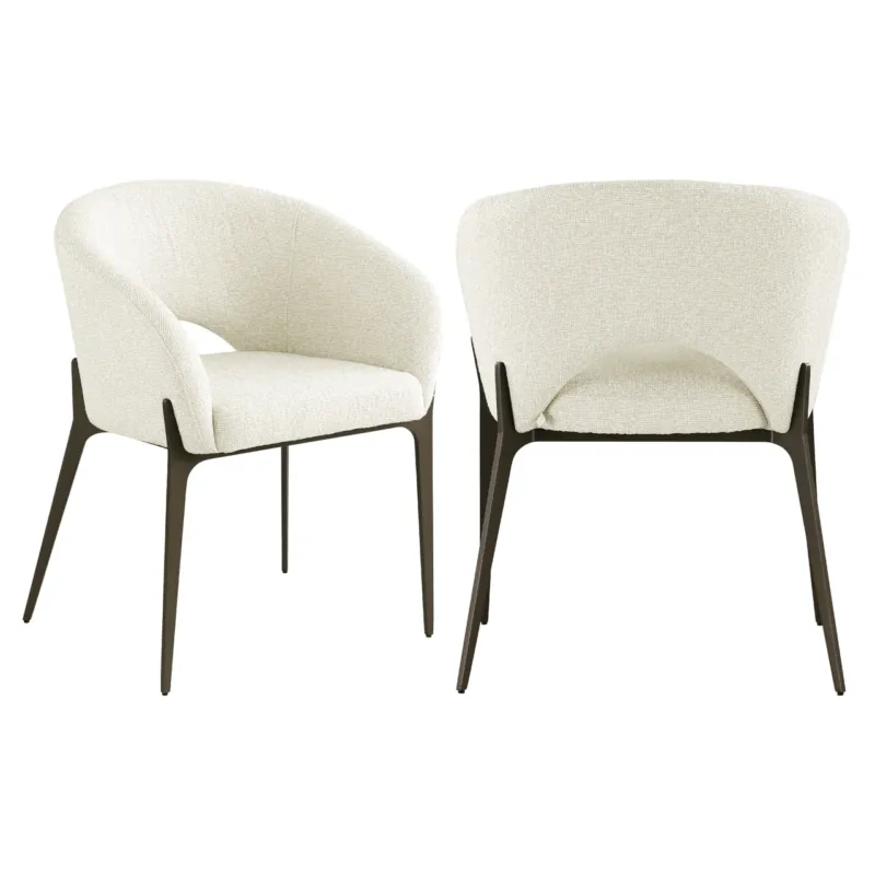 Esszimmerstuhl Kenzi in Biscotti mit gepolsterter Sitzschale und Metallgestell in Frontal- und Seitenansicht.