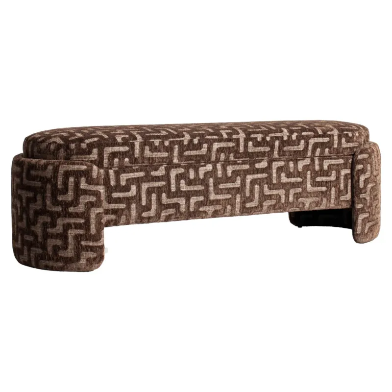 Sitzbank Cupid Brown Labyrinth mit Stauraum in Gesamtansicht, gepolstert mit geometrischem Muster in Braun und Beige.