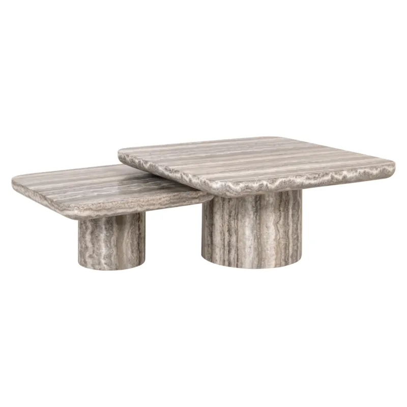 Couchtisch Dulce Denizly 2er-Set grau mit zwei unterschiedlich großen Marmorplatten auf zylindrischen Sockeln, Gesamtansicht.