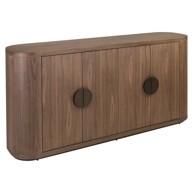 Sideboard Windsor Walnut in Gesamtansicht mit vier Türen und schwarzen Griffen.