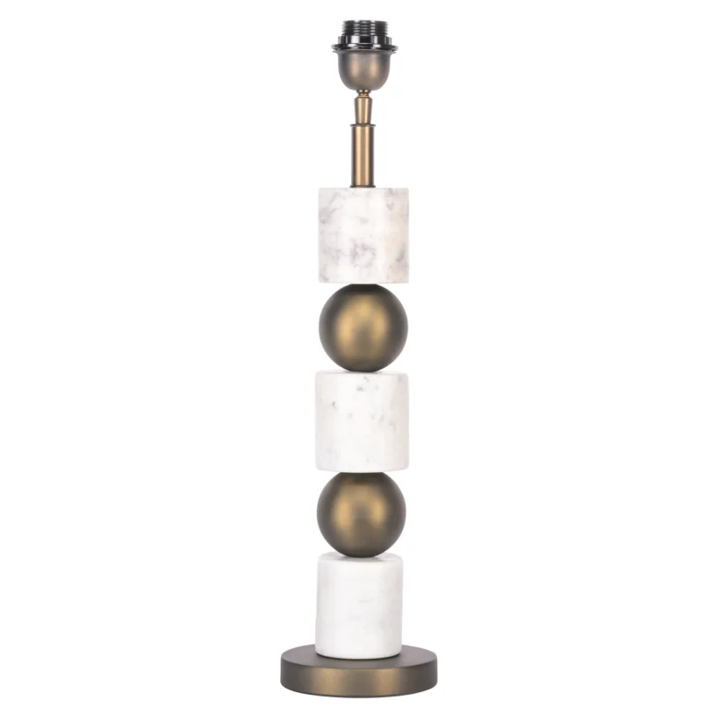 Tischlampe Kiera Brass Antique mit Marmor- und Kugellementen, antiker Messinggestell und E27-Fassung in Gesamtansicht.