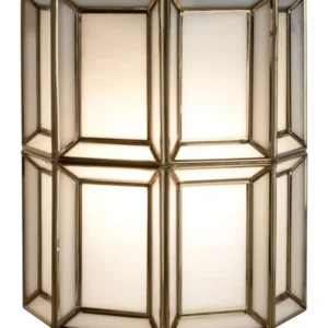 Wandlampe Amara Brass Antique mit geometrischem Messinggestell und rahmenlosem Milchglas in Gesamtansicht.
