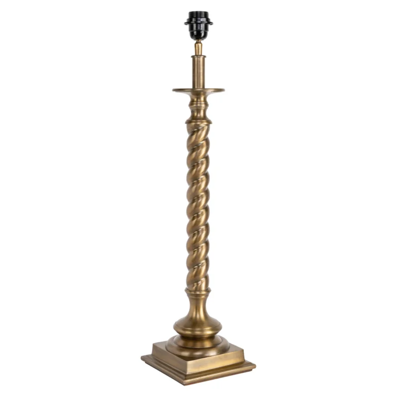 Tischlampe Richmond Slone Brass Antique mit gedrehtem Aluminium-Schaft und quadratischem Fuß, Gesamtansicht.