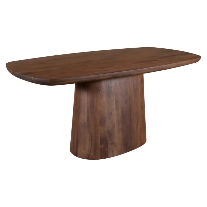 Thekentisch Baldwin mit oval gerundeter Massivholzplatte und massivem Säulenfuß in Spicebrown, Gesamtansicht.
