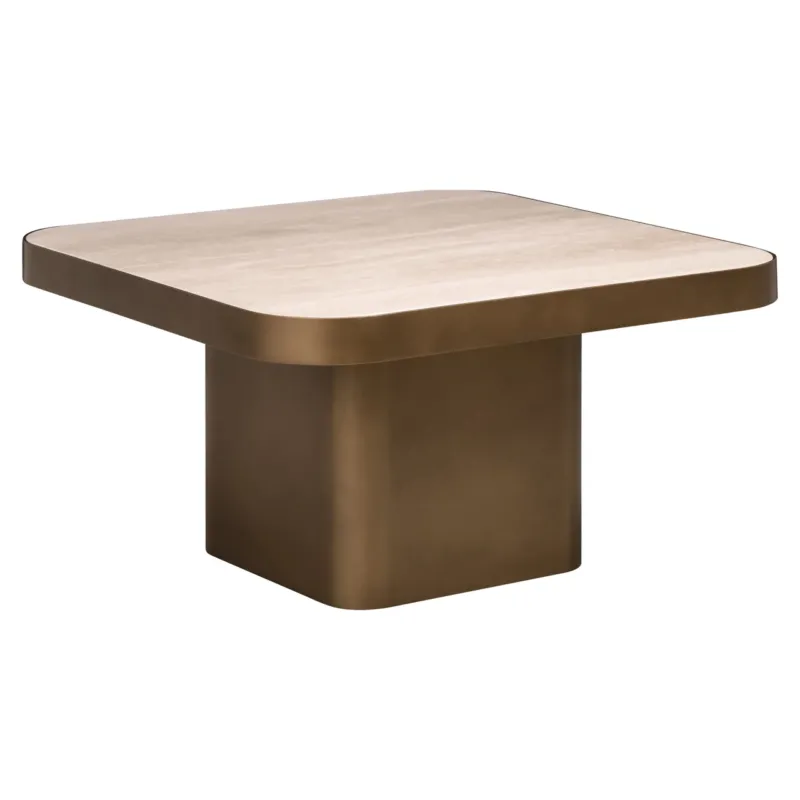 Richmond Couchtisch Claridge beige 70x70 cm mit heller Glasplatte und bronzefarbenem Keramikgestell in Gesamtansicht.