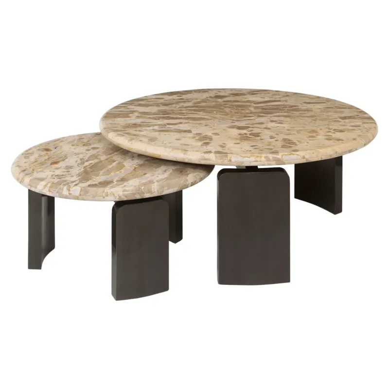 Couchtisch Bayonne Bronze im 2er-Set mit runden Marmorplatten und dunkelbraunem Gestell, verschachtelt angeordnet.