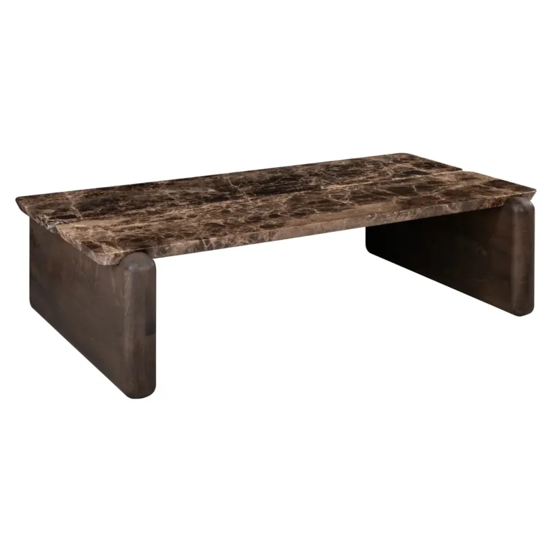 Couchtisch Lagrasse mit Marmor-Tischplatte in Emperador-Optik und geschwungenen Holzstützen, Gesamtansicht.