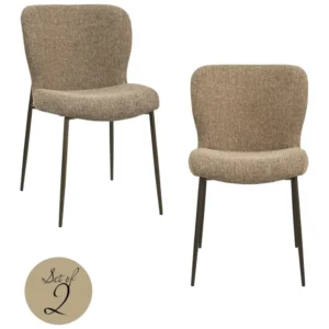 Gesamtansicht des Esszimmerstuhls Odarby Brown Tweed im 2er-Set mit beigefarbenem Polsterbezug und schwarzem Metallgestell.