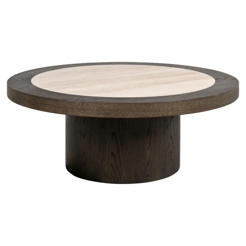 Couchtisch Nando 100x100 cm mit runder Keramik-Travertin-Platte und dunklem Eichenfurnier-Gestell, Gesamtansicht.