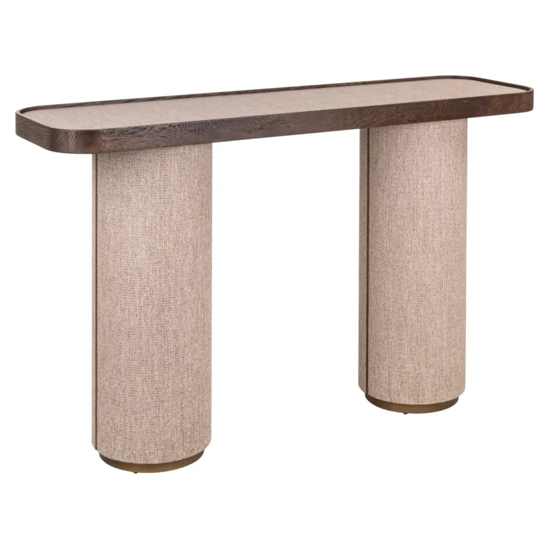 Konsole Willox beige in Gesamtansicht mit dunkelbrauner Eichenholzplatte und zwei zylindrischen Leinenstoff-Säulen.