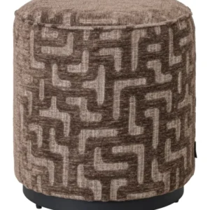 Richmond Hocker & Fußbank Lexie Brown Labyrinth in Gesamtansicht mit geometrischem Muster und schwarzem Metallgestell.