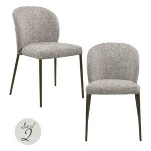 Zwei stapelbare Esszimmerstühle Stacker earth tweed mit grauem Polsterbezug und dunkelbraunem Metallgestell in Gesamtansicht.