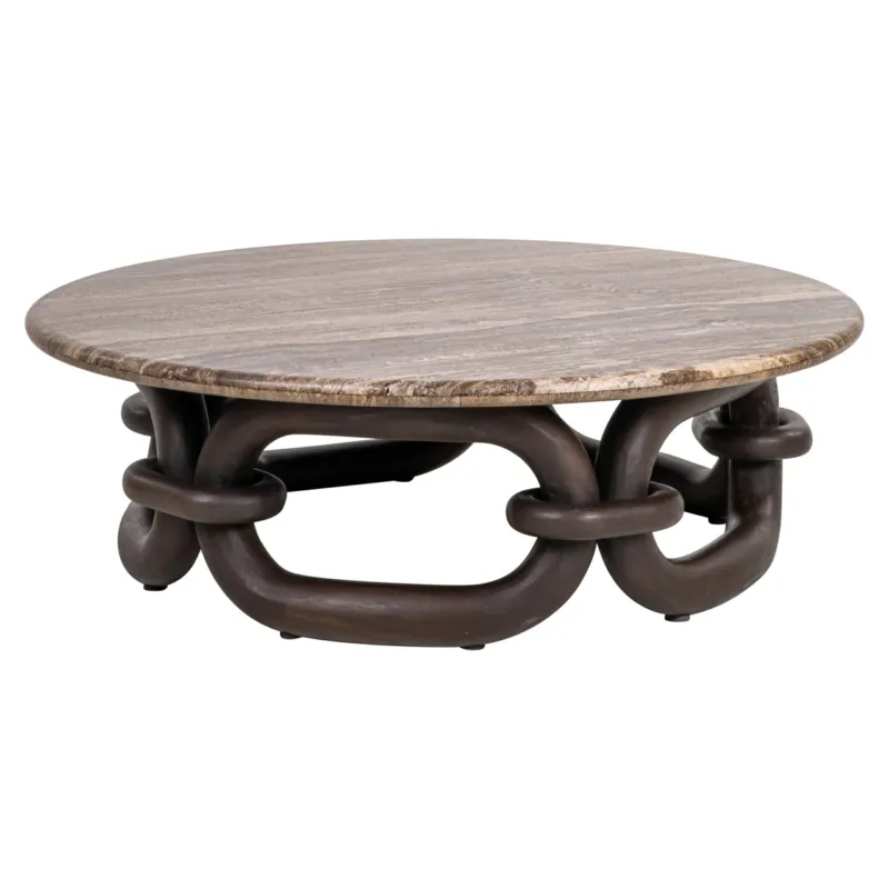 Runder Couchtisch Chainey ash brown mit grauer Travertinplatte und dunkelbraunem Mangoholz-Gestell.