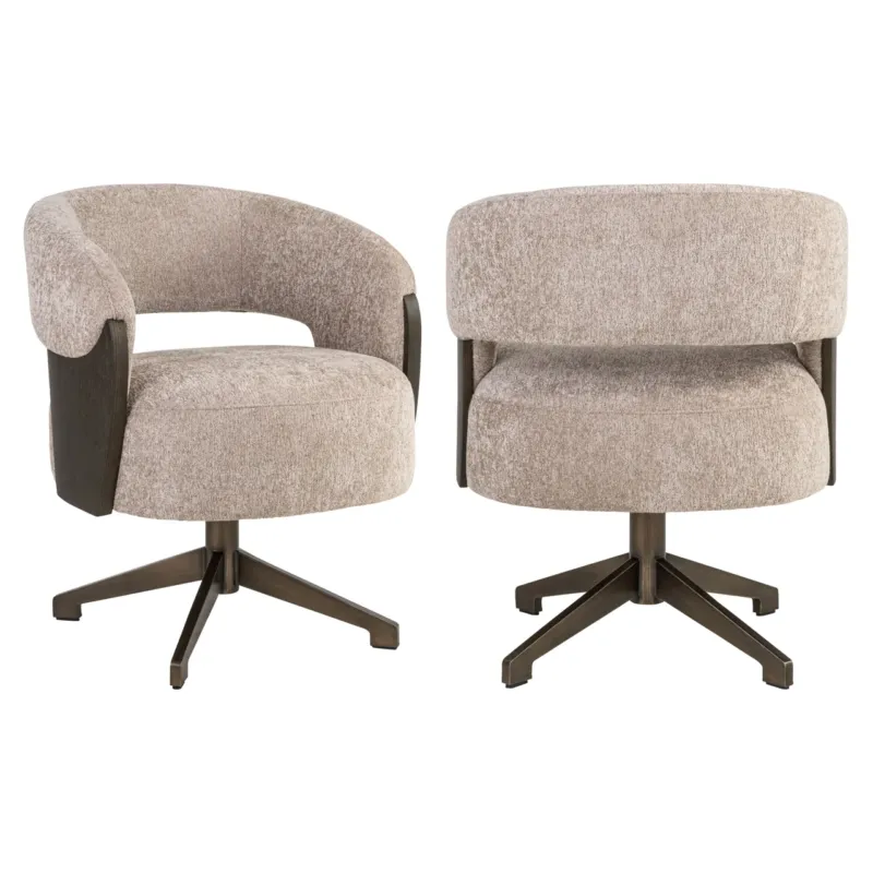 Esszimmerstuhl Pollux Sand Oak Richmond mit beigem Polyester-Bezug und dunklem Holzgestell, Vorderansicht und Rückansicht.