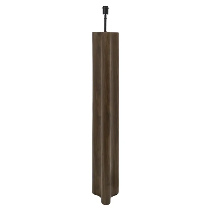 Stehlampe Jamy Walnut mit schlankem, säulenförmigem Holzfuß in Walnussoptik und schwarzer Lampenfassung, Gesamtansicht.