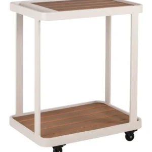 Garten Wagen Spritz beige mit Aluminiumrahmen, Ablageflächen und Lenkrollen in Gesamtansicht.