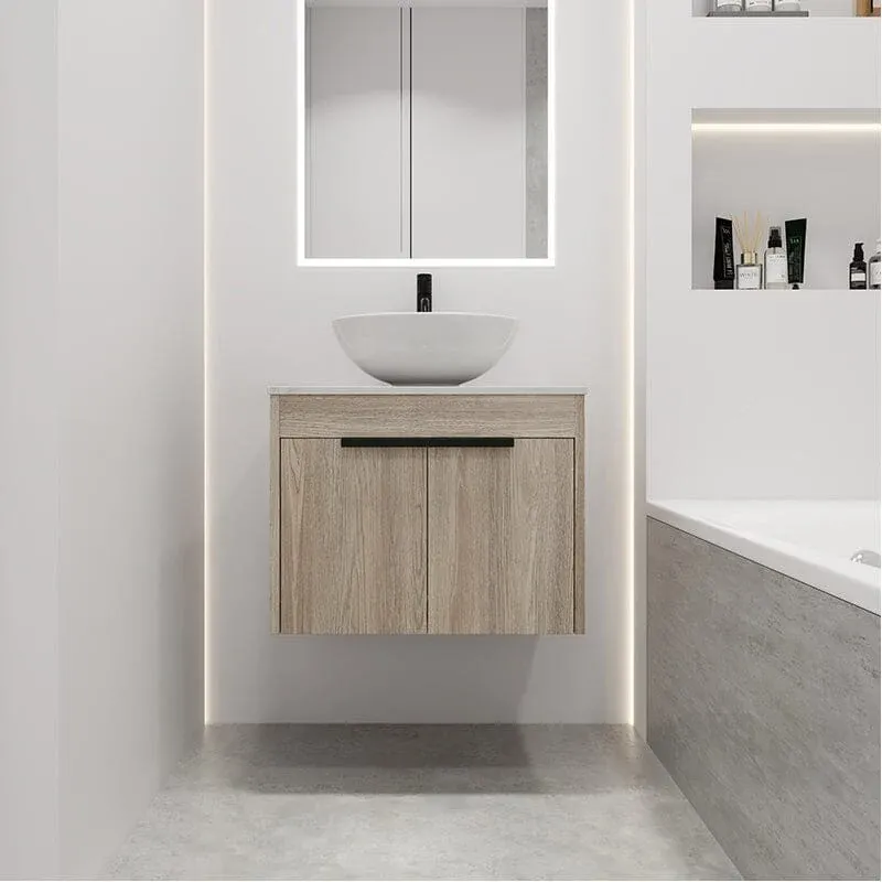 24" Modern Design Floating Bathroom Vanity Sintered Stone Top Round Ceramic Vessel Sink