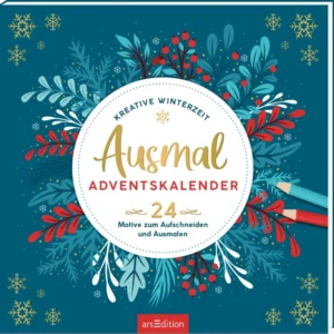 Auf dem Buchcover eines Ausmal-Adventskalenders ist ein kräftiges Blau als Hintergrundfarbe zu sehen, das mit bunten, festlichen Pflanzenmotiven in rot und grün geschmückt ist. In der Mitte befindet sich ein runder, weißer Bereich mit dem Titel „Ausmal ADVENTSKALENDER“ in verspielter Goldschrift. Darunter steht „24 Motive zum Aufschneiden und Ausmalen“. Oben prangt der Schriftzug „KREATIVE WINTERZEIT“. Ganz unten mittig steht der Logoschriftzug von arsEdition.