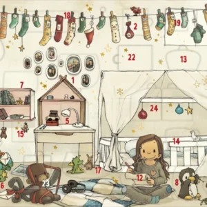 Der Wandkalender zeigt Anouks Kinderzimmer, dekoriert mit einer Vielzahl von Weihnachtsstrümpfen, die an einer Schnur hängen. In einer gemütlichen Ecke sitzt ein lächelndes Mädchen mit langen braunen Haaren, das einen Stift und ein Blatt Papier in den Händen hält. Der Raum ist in sanften Pastellfarben gehalten und wird von einem kleinen Weihnachtsbaum sowie liebevoll platzierten Spielzeugen geschmückt. Zudem ist der Kalender mit goldenen Sternen verziert und enthält 24 Türchen zum...
