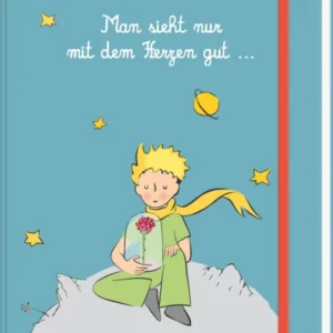 Das Buchcover zeigt einen hellblauen Hintergrund, auf dem ein kleiner Junge, der Kleine Prinz, mit blonden Haaren und einem grünen Schal sitzt. Er hält ein Glas mit einer Blume in der Hand. Um ihn herum schweben kleine Sterne und Planeten. Der Titel „Man sieht nur mit dem Herzen gut …“ ist in eleganter, weißer Schrift oben auf dem Cover platziert. Rechts oben befindet sich ein gelber Hinweis mit dem Text „meinnotes“. Ganz unten mittig steht der Logoschriftzug von arsEdition.