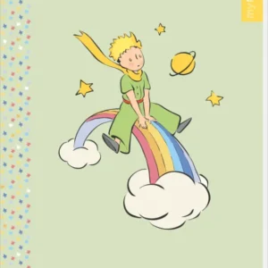 Auf dem Cover des Buches „Der kleine Prinz“ von Antoine de Saint-Exupéry thront der kleine Prinz auf einem bunten Regenbogen, der auf weißen Wolken schwebt. Der Prinz trägt ein grünes Gewand und hat einen gelben Schal, während um ihn herum Sterne und ein Planet zu sehen sind. Der Hintergrund ist in einem sanften Hellgrün gehalten. Oben steht der Titel in einer verspielten Schrift. Rechts auf dem Cover ist der Text „my NOTES“ in Gelb platziert. Ganz unten mittig steht der...