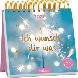 Das Buchcover zeigt einen spiralförmigen Kalender mit einem sanften, hellblauen Hintergrund, auf dem verschwommene Lichter funkeln. In der Mitte steht in eleganter, goldener Schrift „Ich wünsche dir was“. Oberhalb des Schriftzugs ist die Jahreszahl „2027“ platziert. Ein kleiner, rosa Button in der unteren rechten Ecke trägt den Text „53 Postkarten“. Ganz unten mittig steht der Logoschriftzug von arsEdition.