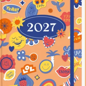 Das Buchcover ist in einem warmen, orangefarbenen Ton gehalten und zeigt ein fröhliches Layout mit vielen bunten Stickermotiven in verschiedenen Formen. Zentral steht der große, ovale Text „2027“ in blauer Schrift. Um diesen herum sind verschiedene grafische Elemente wie Blumen, Herzen und Sprechblasen verteilt, die eine verspielte Atmosphäre erzeugen. Der Schriftzug „GRL PWR“ und weitere positive Ausdrücke setzen Akzente. Ganz unten mittig steht der Logoschriftzug von arsEdition.
