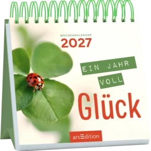 Auf dem Cover des Wochenkalenders 2027 ist ein grünes Kleeblatt abgebildet, auf dem ein roter Marienkäfer sitzt. Der Titel „Ein Jahr voll Glück“ ist in einer kräftigen, roten Schrift im Vordergrund platziert, während die Jahreszahl 2027 in einer auffälligen, leuchtend roten Schrift oben links steht. Der Hintergrund ist hell und gibt eine fröhliche, optimistische Atmosphäre wieder. Ganz unten mittig steht der Logoschriftzug von arsEdition.