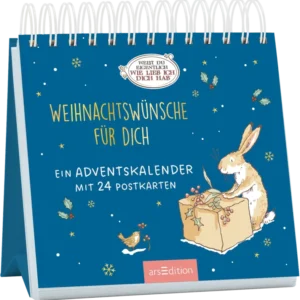 Ein dunkelblauer Hintergrund ziert das Cover, auf dem ein lächelnder Hase zu sehen ist, der eine Geschenkpackung mit dekorativen Weihnachtszweigen vorbereitet. Darüber steht in goldener Schrift „Weihnachtswünsche für dich“. An der oberen Kante befindet sich ein Schriftzug in einem verschnörkelten Rahmen: „Weißt du eigentlich wie lieb ich dich hab“. Das Cover vermittelt eine festliche und warme Atmosphäre. Ganz unten mittig steht der Logoschriftzug von arsEdition.