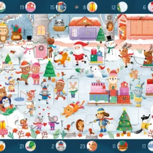 Das Cover zeigt eine lebhafte Winterlandschaft, in der verschiedene niedliche Tiere in festlicher Stimmung dargestellt sind. Farbige Geschenke und ein Weihnachtsbaum verzieren die Szene, während Schneeflocken sanft fallen. Die Hauptfarbe ist ein dunkles Blau, ergänzt durch warme Rottöne und fröhliches Weiß. In verspielter Schrift sind die Zahlen und tierischen Charaktere auf einem dunkelblauen Rahmen angeordnet. Ganz unten mittig steht der Logoschriftzug von arsEdition.