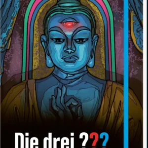 Das Buchcover zeigt eine stilisierte Darstellung eines Buddha mit leuchtenden blauen und grünen Farbnuancen. Der Buddha hat einen dritten Augensymbol in der Mitte der Stirn und erhebt die Hände in einer gängigen Geste, die Ruhe und Weisheit ausstrahlt. Der Titel „Die drei ???“ steht in auffälliger, weißer Schrift und ist am unteren Rand des Covers platziert. Ganz unten mittig steht der Logoschriftzug von arsEdition.