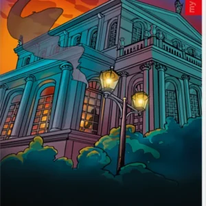 Das Buchcover zeigt ein farbenfrohes, cartoonhaftes Gebäude, das durch eine dramatische, twilightartige Kulisse in Rot- und Blautönen beleuchtet wird. Im Vordergrund sind zwei Straßenlaternen abgebildet, die warmes Licht ausstrahlen. Der Titel „Die drei ???“ ist in großer, weißer Schrift am unteren Rand platziert, während links ein roter Bereich mit dem Aufdruck „my NOTES“ zu sehen ist. Ganz unten mittig steht der Logoschriftzug von arsEdition.