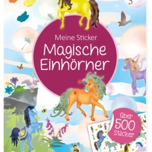 Das Buchcover zeigt eine farbenfrohe Illustration mit verschiedenen Einhörnern in leuchtenden Farben wie Gelb, Blau, Orange und Lila, umgeben von schimmernden Blasen und fliegenden Vögeln. In der Mitte steht in geschwungener, weißer Schrift der Titel „Magische Einhörner“. Oben steht „Meine Sticker“, und im unteren Bereich ist ein Hinweis auf „Über 500 Sticker“ zu sehen. Ganz unten mittig steht der Logoschriftzug von arsEdition.