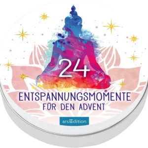 Das Buchcover zeigt eine farbenfrohe Darstellung eines Buddha in meditativer Haltung, umgeben von sanften Tönen in Blau, Rosa und Gelb. Der Titel „ENTSPANNUNGS MOMENTE FÜR DEN ADVENT“ ist in kräftigen, blauen Buchstaben gut lesbar platziert. Darüber steht die Zahl „24“ als zentrales Element. Funkelnde Sterne verstärken die festliche Stimmung und ziehen die Blicke auf sich. Ganz unten mittig steht der Logoschriftzug von arsEdition.