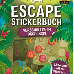 Auf dem Cover des „Escape Stickerbuchs: Verschollen im Dschungel“ sind üppige grüne Blätter und exotische Tiere abgebildet, die eine abenteuerliche Atmosphäre erzeugen. In der oberen Hälfte prangt der Titel „ESCAPE STICKERBUCH“ in großen weißen Buchstaben, darunter steht der Untertitel „VERSCHOLLEN IM DSCHUNGEL“ auf einem lila Hintergrund. Im oberen rechten Eck befindet sich ein gelber runder Button mit der Aufschrift „Gamebuch für Kids“. Ganz unten mittig steht der...
