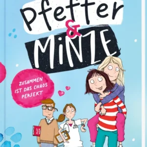 Das Buchcover zeigt den Titel „Pfeffer & Minze“ in großen Lettern auf einer hellblauen Hintergrundfarbe, umgeben von vier Charakteren in verschiedenen Posen. Die Atmosphäre ist lebhaft und verspielt, unterstrichen durch rosa und weiße Akzentfarben. Am oberen Rand steht der Name der Autorin, Sarah Welk. Unten in einem roten Kreis wird der Untertitel „Zusammen ist das Chaos perfekt“ hervorgehoben. Ganz unten mittig steht der Logoschriftzug von arsEdition.