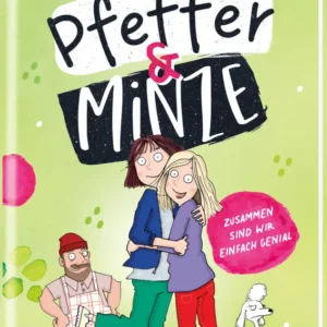 Auf dem Cover von „Pfeffer & Minze“ von Sarah Welk sind zwei fröhliche Mädchen zu sehen, die lachend nebeneinander stehen. Im Hintergrund ist ein Mann in einer roten Mütze und ein Hund zu erkennen. Die Schrift ist groß und verspielt, wobei „Pfeffer“ in Schwarz und „Minze“ in Weiß hervorgehoben ist. Darunter rechts prangt der Untertitel „ZUSAMMEN SIND WIR EINFACH GENIAL“. Ganz unten mittig steht der Logoschriftzug von arsEdition.