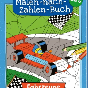 Das Buchcover zeigt ein farbenfrohes und verspieltes Design. Im Vordergrund befindet sich ein rot-blauer Rennwagen, umgeben von verschiedenen Farbstiften. Der Hintergrund ist grün mit einer gepunkteten Einfassung, während schwarz-weiße Schnürbandflaggen sichtbar sind. Oben mittig steht in blauer Schrift „Mein dickes Malen-nach-Zahlen-Buch“, darunter der Zusatz „ab 6“. Ganz unten mittig steht der Logoschriftzug von arsEdition.
