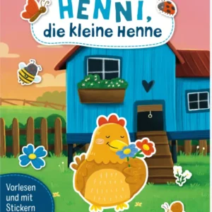 Das Cover des Buches „Henni, die kleine Henne“ zeigt eine fröhliche Henne, die Blumen hält, vor einem farbenfrohen, blauen Haus. Der Himmel ist in sanften Orange- und Rosatönen gehalten, was eine fröhliche Atmosphäre schafft. Der Titel ist in großen, bunten Buchstaben oberhalb der Henne platziert. Unten auf dem Cover steht der Hinweis „Vorlesen und mit Stickern gestalten“. Ein SPIEGEL-Bestseller-Button ist integriert. Ganz unten mittig steht der Logoschriftzug von arsEdition.