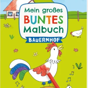Das Buchcover zeigt einen bunten, lustigen Bauernhof mit einem lebhaften Hahn im Vordergrund, der einen bunten Pinsel in seinem Schnabel hält. Im Hintergrund sieht man ein einfaches, ländliches Haus mit rotem Dach und grüne Wiesen. Der Titel „Mein großes BUNTES Malbuch BAUERNHOF“ ist in auffälligen, fröhlichen Buchstaben gestaltet, wobei „BUNTES“ besonders hervorgehoben ist. Oben rechts ist ein rotes Zeichen mit der 3+ Altersangabe zu sehen. Ganz unten mittig steht der...